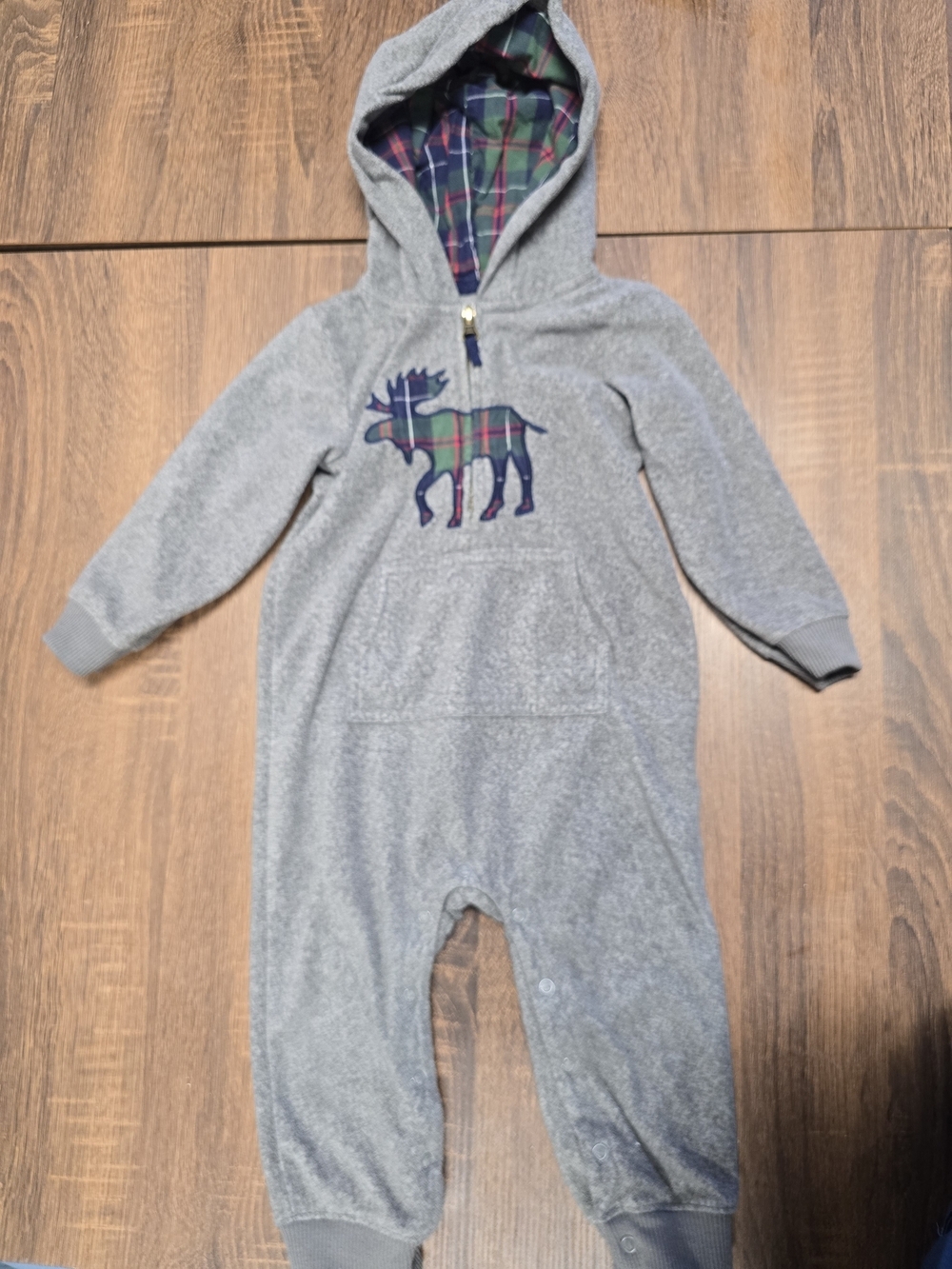 Carter's 24M Gray Fleece Hooded Moose Romper One Piece Plaid Lined Baby Jumpsuit
